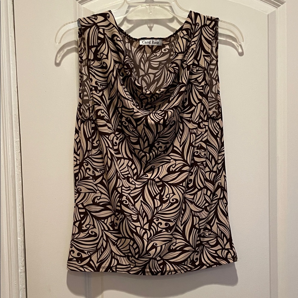 Brown and Cream Leaf Pattern Sleeveless Top